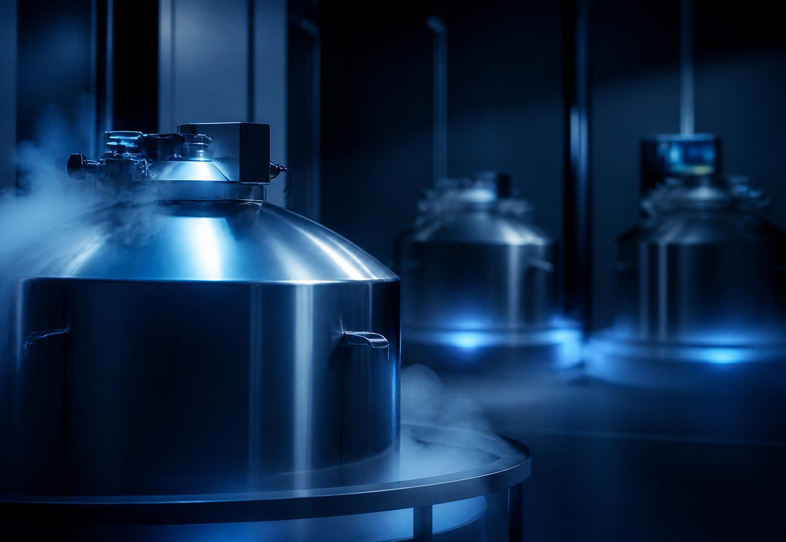 Tanques criogênicos de nitrogênio líquido em laboratório de criobiologia